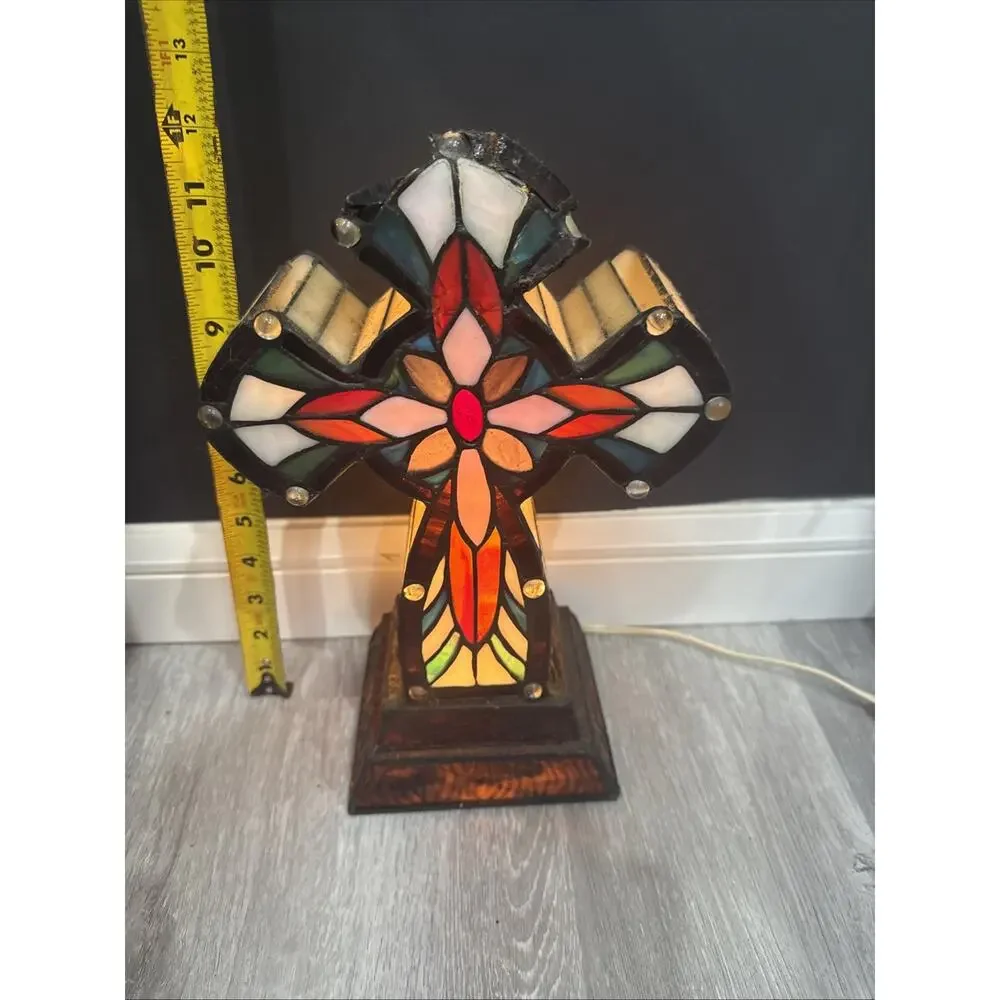Tiffany Lighted Cross Tabletop Cross Stained Glass Desktop Christian 12x8x3” *